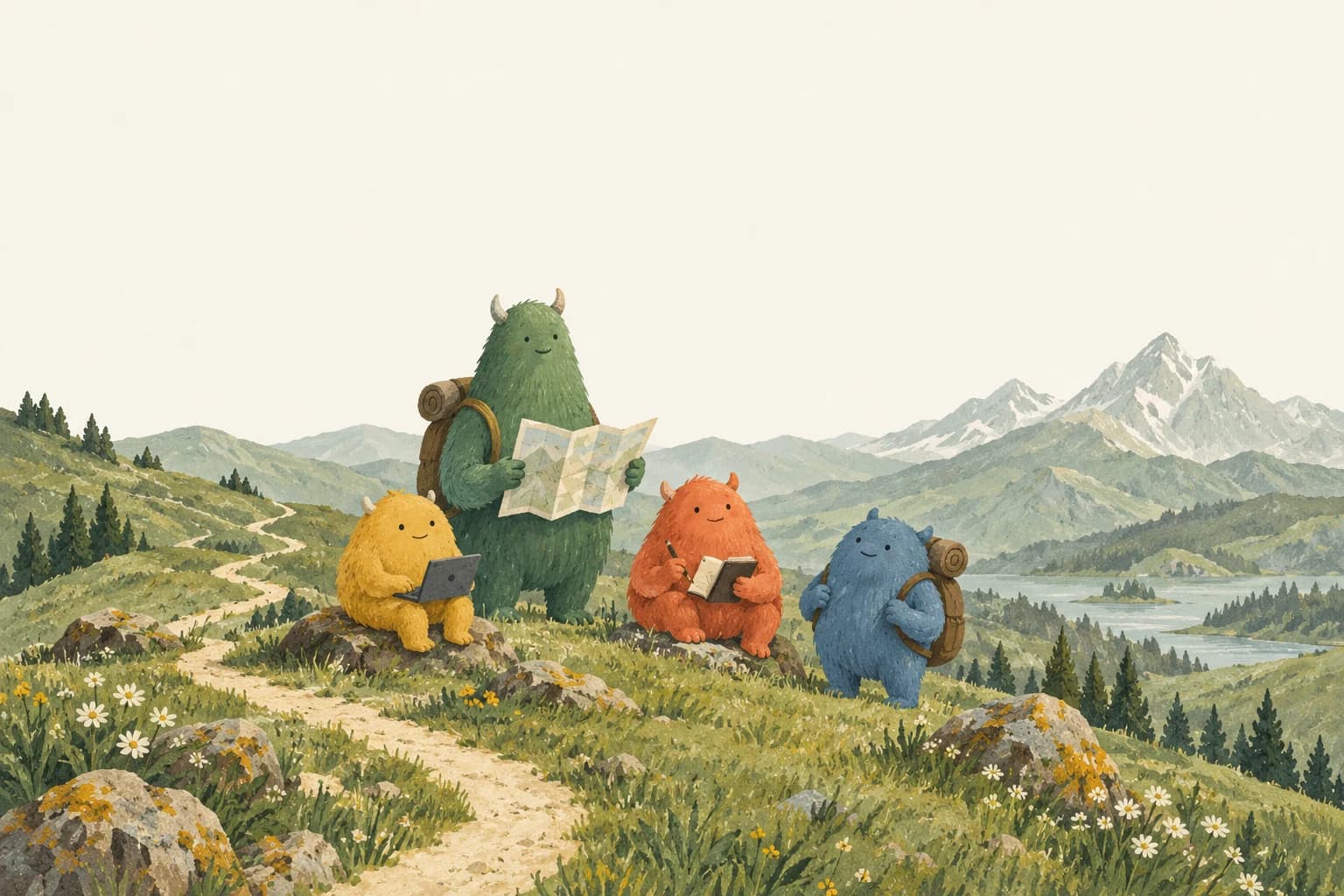 Four friendly monster adventurers planning their next steps together in a green mountain landscape.