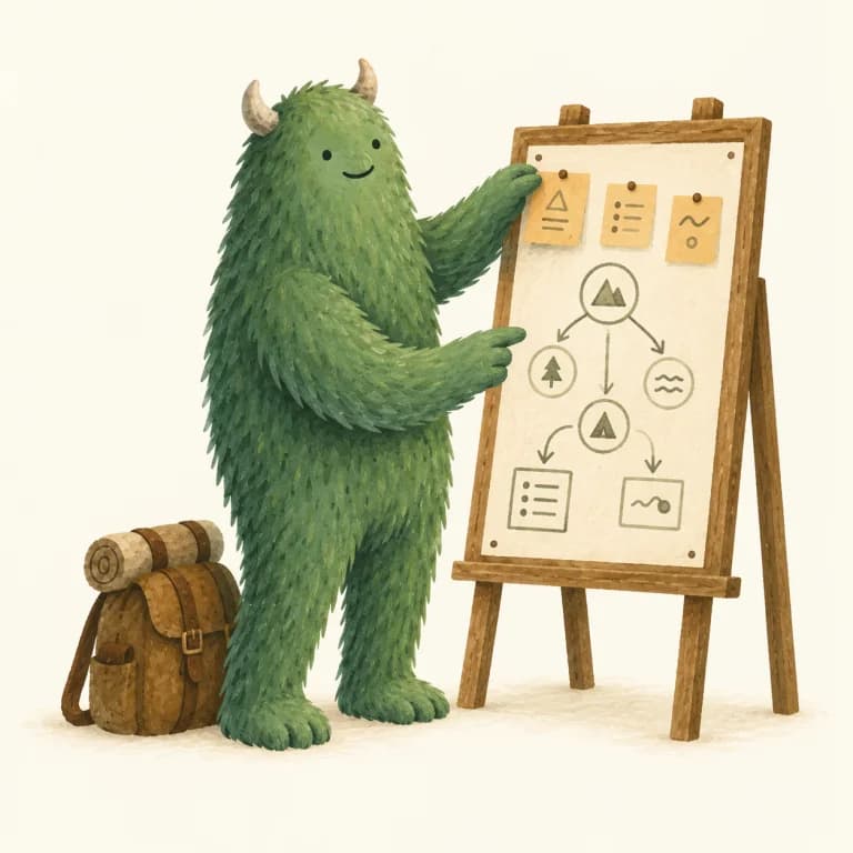 The green monster arranging task notes and pointing to a plan on a wooden easel.