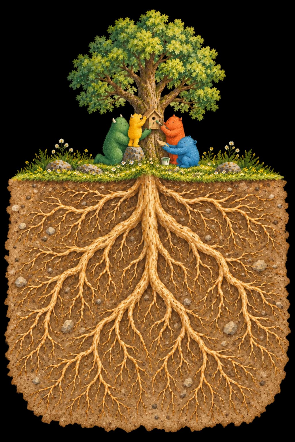 A team works together above ground, supported by a much larger network of roots below.